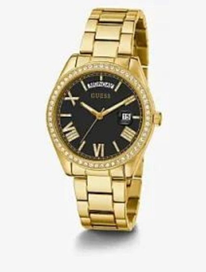 Product: GW0307L2 Dial Finish: Sunray Case Material: Stainless Steel Band Color: Gold Tone Buckle/Clasp: Pilot Buckle Case Color: Gold Tone Case Size: 36mm Dial Color: Black Watch Movement: Day/Date