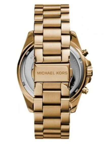 Marque: Michael Kors Modèle: Bradshaw Boîtier: Diamètre :43 mm Epaisseur : 13 mm Acier inoxydable Doré Cadran: Verre : Minéral Doré Bracelet: Largeur : 20 mm Acier inoxydable Doré Etanchéité: 100 m (10 ATM) Type de boucle: Boucle déployante Détails techniques: Dateur Chronomètre