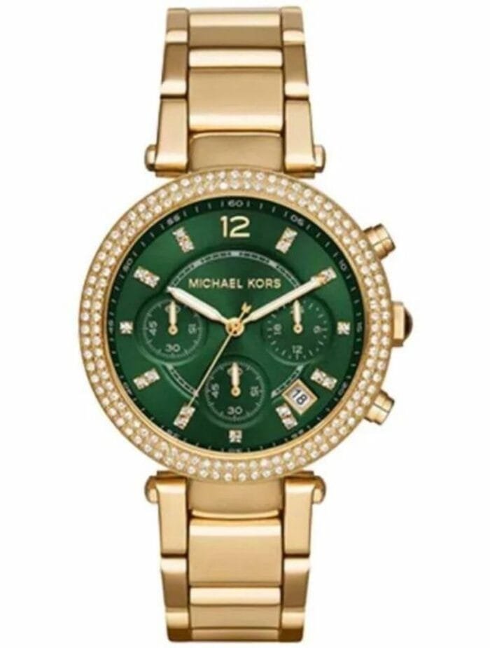 Marque: Michael Kors Modèle: Parker Boîtier: Diamètre : 38 mm Acier inoxydable Doré Cadran: Verre : Minéral Vert Bracelet: Largeur : 22 mm Acier inoxydable Doré Type de boucle: Boucle déployante Détails techniques: Dateur Chronomètre