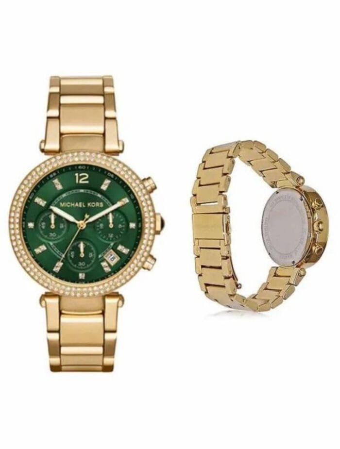 Marque: Michael Kors Modèle: Parker Boîtier: Diamètre : 38 mm Acier inoxydable Doré Cadran: Verre : Minéral Vert Bracelet: Largeur : 22 mm Acier inoxydable Doré Type de boucle: Boucle déployante Détails techniques: Dateur Chronomètre