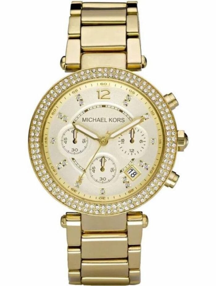 Marque: Michael Kors Modèle: Parker Boîtier: Diamètre : 39 mm Epaisseur : 12 mm Acier inoxydable Doré Cadran: Verre : Minéral Doré Bracelet: Largeur : 12 mm Acier inoxydable Doré Etanchéité: 100 m (10 ATM) Type de boucle: Boucle déployante Détails techniques: Dateur Chronomètre