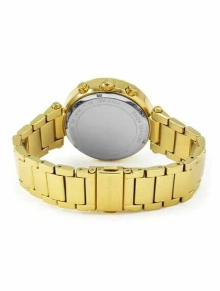 Marque: Michael Kors Modèle: Parker Boîtier: Diamètre : 39 mm Epaisseur : 12 mm Acier inoxydable Doré Cadran: Verre : Minéral Doré Bracelet: Largeur : 12 mm Acier inoxydable Doré Etanchéité: 100 m (10 ATM) Type de boucle: Boucle déployante Détails techniques: Dateur Chronomètre