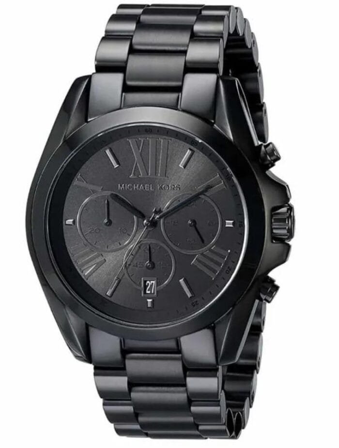 Marque: Michael Kors Modèle: Bradshaw Boîtier: Diamètre : 42 mm ; 36mm Epaisseur : 12 mm Acier inoxydable Noir Cadran: Verre : Minéral Noir Bracelet: Largeur : 20 mm Acier inoxydable Noir Etanchéité: 100 m (10 ATM) Type de boucle: Boucle déployante Détails techniques: Dateur Chronomètre