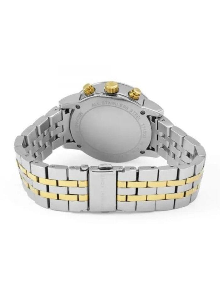 Marque: Michael Kors Modèle: Lexington Boîtier: Diamètre : 38 mm Epaisseur : 12 mm Acier inoxydable Argent, doré Cadran: Verre : Minéral Argent Bracelet: Largeur : 20 mm Acier inoxydable Argent, doré Etanchéité: 100 m (10 ATM) Type de boucle: Boucle déployante Détails techniques: Dateur Chronomètre